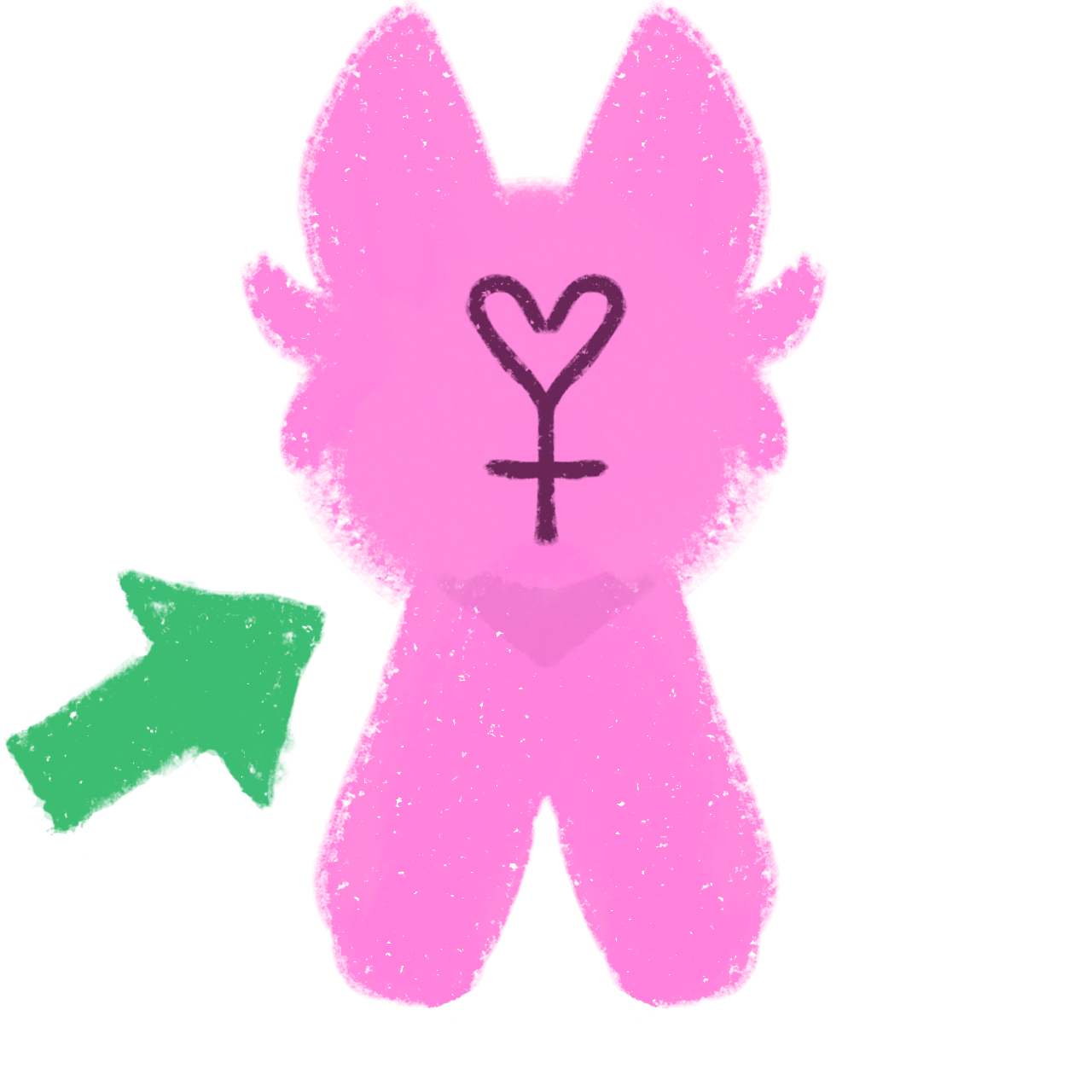 a simplified features a pink, rounded figure with large pointed ears resembling a stylized animal or plush toy. A heart-like symbol with a cross underneath, indicating femininity, is drawn on the face. A green arrow points towards the figure, highlighting its significance. and the illustration has a rough, textured appearance.